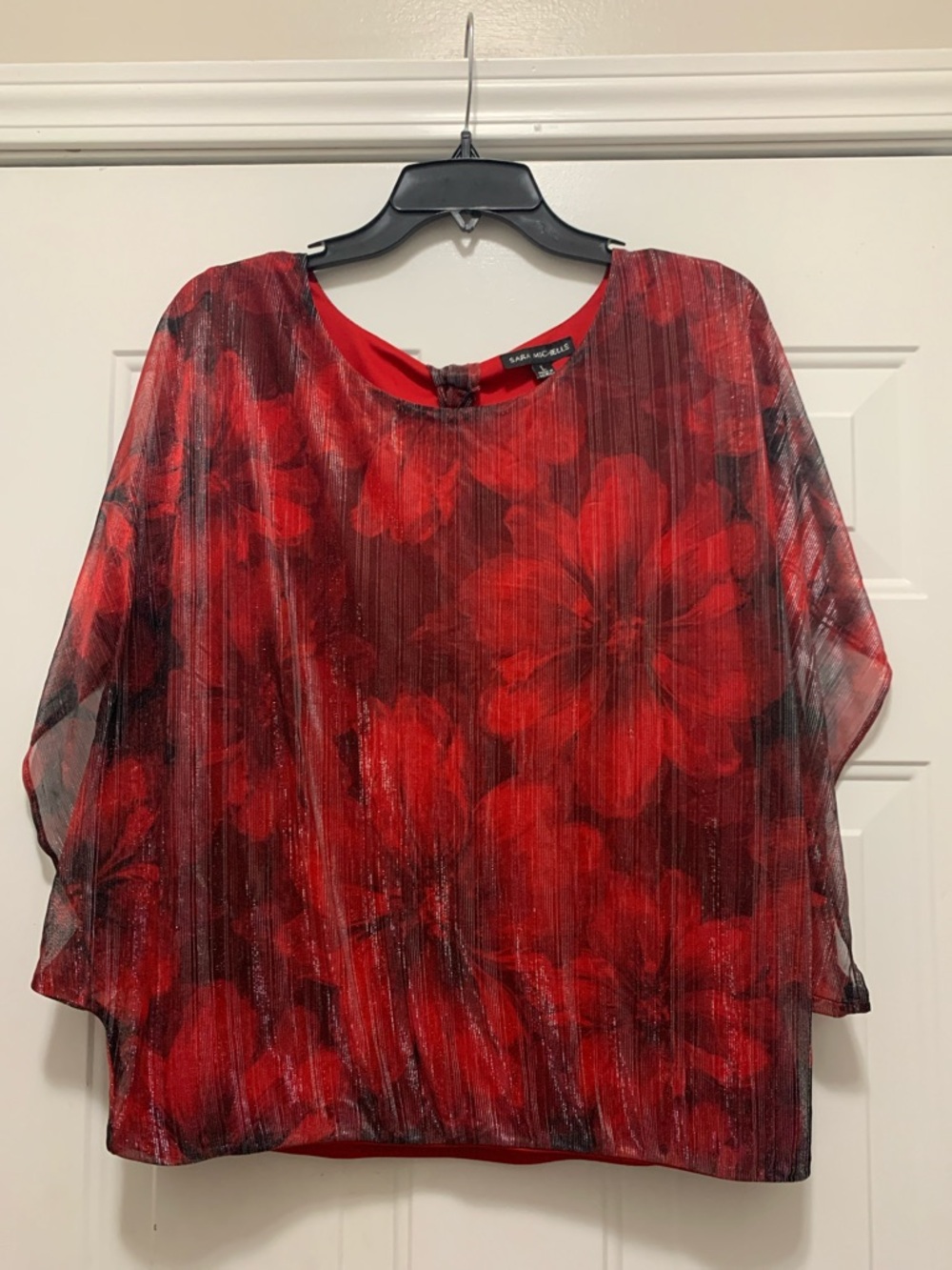 4/$10 Sara Michelle Red Floral Metallic Stripe Blouse Size Large